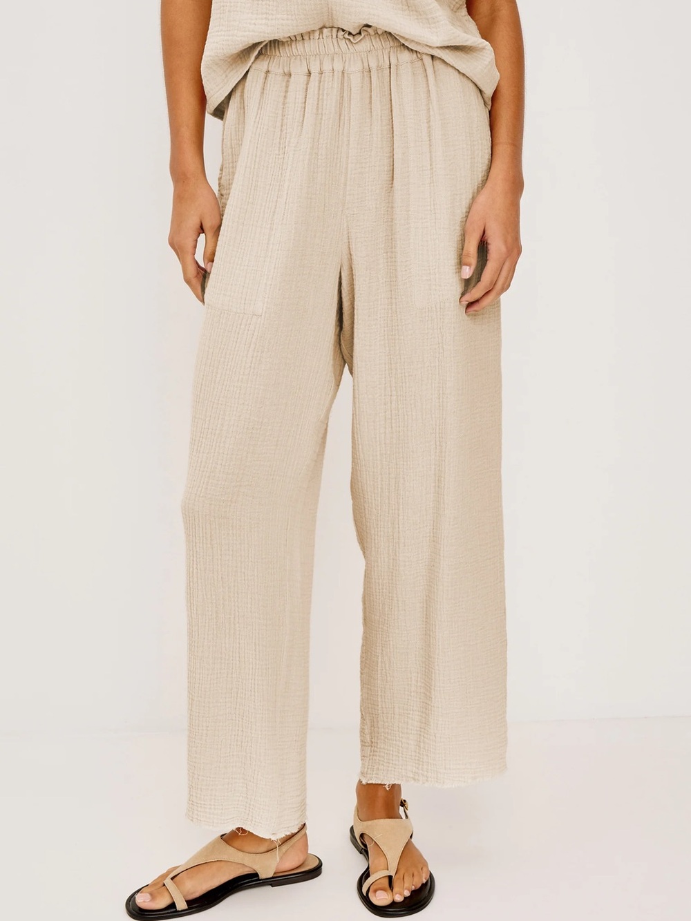 Rails Leon Cropped Distressed High Rise Wide Leg Gauze Pants Cream Size Large